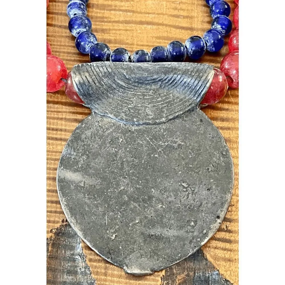 Ashanti Ghana Double Strand 18 Inch Glass Bead Necklace With Brass Pendant